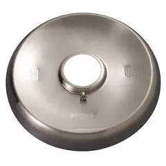 This circle trim plate is made of stainless steel with a satin nickel finish. It is designed for use as a replacement or upgrade component for single-handle bathtub and shower faucets. The trim plate provides a finished appearance around the valve opening and does not include handles.