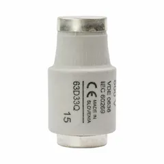 Fast-acting IEC Type D fuse rated 63 A at 500 V AC. Designed for overcurrent protection in industrial electrical systems, including switchgear, motor control centers, and distribution panels. Fits DIII Class D fuse holders with D33 rating.
