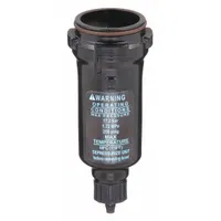 Metal replacement bowl for WILKERSON FRL (filter-regulator-lubricator) assemblies. Designed as a direct replacement component in pneumatic systems to contain filtered contaminants and maintain system pressure. Suitable for use in compressed air treatment applications