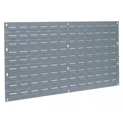 This wall-mount louvered panel measures 20 x 36 x 5/16 inches and features a gray baked enamel finish. Designed for one-sided use, it provides a mounting surface for bins, hooks, and accessories to organize tools and parts in workshops, warehouses, and manufacturing facilities.