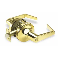 This storeroom lever lockset is constructed of brass with a bright brass, clear coated finish. It is ADA compliant and features a small format interchangeable core (SFIC) for keying flexibility. The Augusta style lever operates with ANSI F86 function, where the outside lever is locked at all times, allowing free egress from the inside. Suitable for commercial storeroom doors requiring restricted entry.