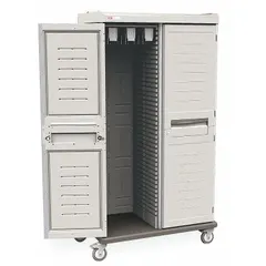This mobile catheter cabinet from METRO features an antimicrobial taupe finish to support infection control in healthcare settings. It has two doors, no shelves or drawers, and is designed for organized catheter storage. The cabinet can be easily repositioned within hospitals or clinics.