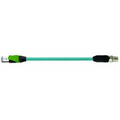 This cordset connects M12 A-coded male straight connectors to RJ45 male straight connectors for industrial Ethernet applications. It features a 7.5 m blue TPE cable with Cat5 performance, suitable for data transmission in automation and control networks.