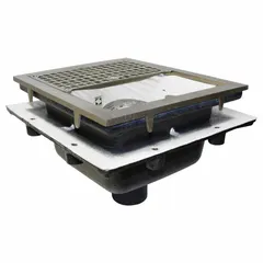 This floor sink features a bronze coated finish and a cast iron grate with 1/2 opening. It has a 14 in overall width, 6 in sump depth, and 2 in nominal pipe size with no-hub connection. Suitable for draining water and waste in commercial and industrial floor areas.