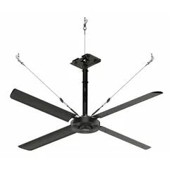 Industrial HVLS ceiling fan with 8 ft blade diameter delivering 28,484 cfm airflow. Operates on 240V AC, three-phase power at 3.5 A. Features variable speed control. No light kit. Suitable for large spaces such as warehouses, distribution centers, and manufacturing plants.