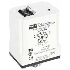 This socket-mounted time delay relay from Dayton is rated for 24V AC/DC coil voltage and 10 A contact current. It features 8 pins/terminals and provides an on-delay function, where the output energizes after a set time following power application. Typical applications include motor start sequencing, conveyor control, and HVAC system timing in industrial automation.