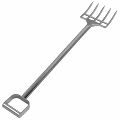 This reinforced hygienic fork features 5 tines with an 8 1/4 in tine length and a 35 1/2 in handle length. It is FDA compliant for use in sanitary environments such as food processing, pharmaceutical, and chemical handling where contamination control is critical.