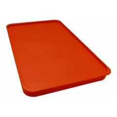 This orange lid is designed for use with X-Trays in food handling applications. It measures 9 1/2 inches in overall width. The lid provides a cover for transporting or storing prepared foods in commercial kitchens or processing facilities. Not NSF certified.
