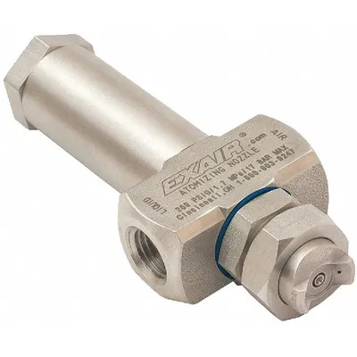 EXAIR Atomizing Spray Nozzle: Pressure, 0.8 scfm, Narrow Angle Flat, 1/4 in FNPT - External Mix Air-Atomizing Spray Nozzles