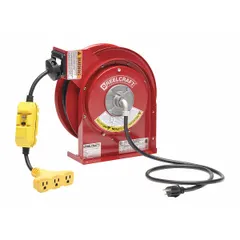 Self-retracting cord reel with 45 ft of 12 AWG SJEOOW cable. Both feeder and retractable cord ends feature NEMA 5-15P configurations. Ratchet-lock mechanism secures cord when retracted, reducing trip hazards and cable wear. Suitable for industrial workshops, warehouses, and maintenance facilities.