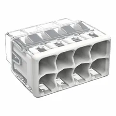 8-port push-in connector for solid wires from 20 AWG to 12 AWG. Rated 32 A and 600 V. Enables tool-free wiring in junction boxes, control panels, and lighting systems.
