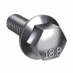 18-8 stainless steel flange bolts with plain finish, 1 inch length, fully threaded, inch size. Supplied in a 50-pack. Meets IFI-111 dimensional standards and ASTM 193 material quality standards. Used in industrial assemblies where a built-in washer face distributes clamping load, such as machinery, piping flanges, and structural connections.