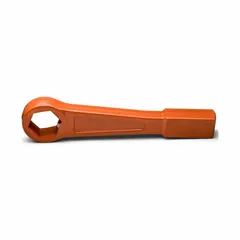 This striking box end wrench features a 6-point design and a straight handle with a striking face for use with a hammer. It is constructed from steel with an orange finish. Head size is 3 7/8 in, head thickness is 1 3/4 in, and overall length is 15 1/2 in. Suitable for heavy-duty bolting applications requiring high torque.