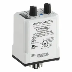 Socket-mounted overcurrent relay with adjustable trip point from 0.1 to 10 A. Rated 10 A at 120V AC. Plug-in mounting with terminal strip connection. LED status indicator. Suitable for monitoring overcurrent in industrial control panels and machinery.