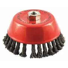 This heavy-cleaning cup brush is designed for contoured carbon steel surfaces. Features standard twist knot wire bristles with a 0.023 in fill diameter and a 6 in diameter. Connects via a 5/8"-11 arbor hole. Used for removing rust, scale, and weld splatter in metal fabrication and maintenance applications.