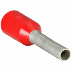 Insulated ferrule for terminating stranded wire into terminal blocks or clamp connectors. Holds 1 wire, red polypropylene insulation, 0.07 in ferrule diameter. Used in industrial control panels, automation systems, and power distribution equipment.