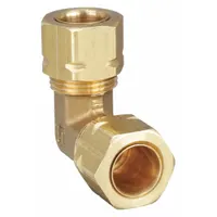 Self-aligning brass compression fitting elbow for connecting tubing in fluid systems. Features 1/2 in OD x 1/2 in OD fitting size. Supplied in a pack of 10. Suitable for pneumatic, hydraulic, and instrumentation applications requiring corrosion resistance and leak-free performance