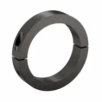 This heavy-duty shaft collar features a 2-piece clamp-on design with a 5 3/4 inch bore diameter, made from carbon steel. It is used to secure components on shafts, prevent axial movement, and serve as a mechanical stop or locating device in industrial machinery, conveyors, and automation systems