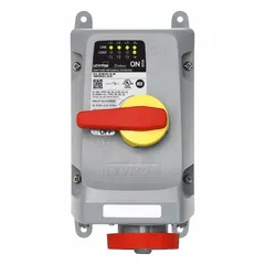 This washdown-rated mechanical interlock is designed for 480V AC, three-phase, 20 A, 3-pole, 4-wire applications. It features Wi-Fi Remote Monitoring for status tracking and does not support reverse service. Suitable for use in wet or harsh industrial environments requiring a lockable disconnect for equipment.
