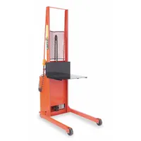 This electric-lift, manual-push platform lift truck has a 1,000 lb capacity. The platform measures 30 in L x 32 in W, and overall dimensions are 43 1/2 in L x 32 in W x 72 in H. It is used for lifting and moving heavy loads in warehouses, manufacturing, and maintenance facilities