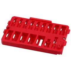 This red plastic socket tray is designed for use with PACKOUT modular tool storage systems. It measures 8 1/16 inches wide by 12 inches deep by 1 7/16 inches high, providing organized storage for sockets on job sites or in workshops.