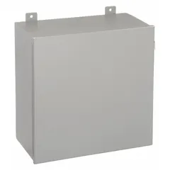 This WIEGMANN steel enclosure measures 20 x 20 x 9 inches and is rated NEMA 12/13 for protection against dust, dirt, and non-corrosive liquids. It features a solid hinged cover secured by screws and does not include knockouts. Suitable for indoor use in industrial environments to house electrical controls, terminals, and instruments.