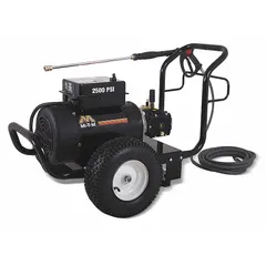 This cold water pressure washer operates at 2,500 psi and 3.2 gpm with a 6 hp motor on 230 V single-phase power. It features a direct pump drive and is designed for cold water intake only. The cart-mounted unit is suitable for cleaning equipment, machinery, and surfaces in industrial and commercial settings.