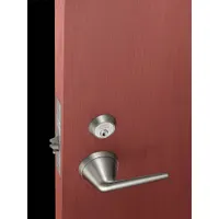 This CORBIN RUSSWIN office lever lockset is constructed of stainless steel with a satin finish. It is ADA compliant and designed for use in commercial and institutional settings where lever-operated locking is required
