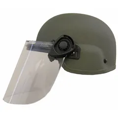 Level IIIA ballistic helmet constructed from aramid, featuring a suspension system and a Paulson face shield. Fits hat size M. Provides protection against handgun rounds and fragmentation for tactical and security applications.