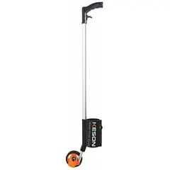 This mechanical outdoor measuring wheel features a fixed handle with pistol grip and a spoked single wheel with rubber tread. The wheel is made of ABS plastic and has a 9,999 ft range. It is SAE (inches) measurement, non-foldable, and requires no batteries. Suitable for measuring long distances on outdoor job sites such as cable installation or conduit laying.
