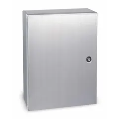 This 304 stainless steel enclosure measures 20 x 16 x 8 inches and is rated NEMA 12/13/3R/4/4X for protection against dust, water, corrosion, and washdown environments. It features a solid cover secured with a 1/4-turn latch and is designed for wall mounting. Suitable for housing electrical controls, terminals, and instruments in industrial, food processing, chemical, and outdoor applications.