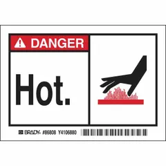 Adhesive-mounted polyester sign warning of hot surfaces or equipment. Nominal size 3 1/2 in x 5 in, thickness 0.01 in. Not retroreflective and does not glow in the dark. Suitable for application to machinery, pipes, or panels in industrial facilities.