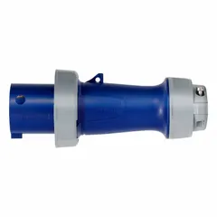 This washdown-rated pin and sleeve plug is designed for industrial power connections in environments requiring water resistance. It supports three-phase 120/208V AC, 100 A, with 4 poles and 5 wires, and features IEC grounding. Suitable for use in washdown areas such as food processing or chemical plants.