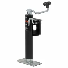 This CURT trailer jack is a topwind, weld-on model with a static load capacity of 2,000 lb and a maximum lift height of 21-1/2 in. It features a foot plate base and is designed for mounting directly to the trailer frame. Typical applications include lifting and supporting the tongue of a trailer for coupling, uncoupling, or leveling.