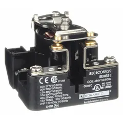 Surface-mounted relay from the 8501C Series with a square base and through-panel mounting. Features SPST-NO contact configuration, rated 30 A at 480V AC, with 4 screw clamp terminals. Suitable for switching loads in control panels and motor circuits.