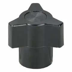 Three-arm knob with threaded hole for manual adjustment and clamping on machinery, control panels, and fixtures. Made of black thermoset plastic with #8-32 thread and 0.88 in diameter.