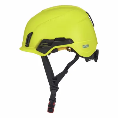 MSA Safety Helmet: Yellow, No Graphics, Ratchet (4-Point), Ratchet, ABS - Work-at-Height Climbing Helmets with Rotational Impact Protection (Type 2, Class E)