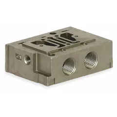 Side-ported subbase for Numatics Mark 3 series pneumatic valves. Single port with Female 1/8 in NPT connection and a Coefficient of Volume (Cv) of 0.3. Used as a modular mounting platform in pneumatic control manifolds for industrial automation systems.