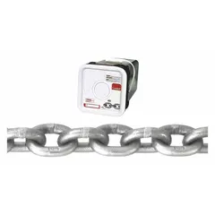 This Grade-43 load-securing chain is made of carbon steel with a straight, welded link design. It is used for tie-downs, towing, and cargo restraint in transportation and industrial rigging applications.