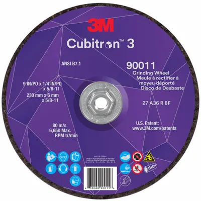 3M CUBITRON 3 Depressed Center Grinding Wheel: Type 27, 9" x 1/4" x 5/8"-11 - Cool-Cutting Grinding Wheels for Carbon & Stainless Steel