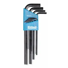 This 9-piece L-shaped hex key set includes Hex-L Long, Long, and standard end keys in metric sizes. The keys have two tips and are held in a holder for organization. Suitable for tightening or loosening hex socket screws and bolts in assembly, maintenance, and repair tasks.