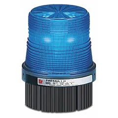 Blue LED wired strobe light with a 4 1/8 in overall diameter. Operates at 24V DC and features a threaded mount with a 1/2 in NPT connection. Suitable for industrial warning applications such as signaling equipment status or hazard alerts in factories, warehouses, and process plants.
