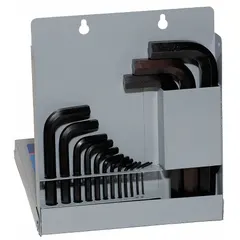 This 18-piece set includes SAE L-shaped hex keys with both standard and short Hex-L arms, finished in black oxide. The keys are organized in a plastic holder for storage. Suitable for tightening or loosening hex socket screws and bolts in mechanical assembly, maintenance, and repair tasks.
