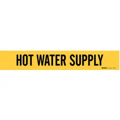 Yellow adhesive pipe marker with black legend reading 'Hot Water Supply'. Fits pipe outer diameters from 2-1/2 to 7-7/8 inches. Supplied without arrows. Used to identify hot water supply lines in piping systems.