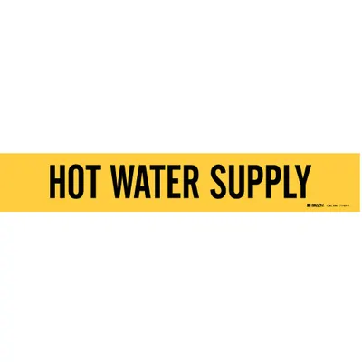 BRADY Pipe Marker: Hot Water Supply, Yellow, Black, Fits 2 1/2 to 7 7/8 in Pipe O.D. - Hot Water Supply Adhesive Pipe Markers