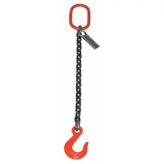 This Grade-80 single-leg chain sling from LIFT-ALL features a 1-inch chain trade size and is constructed from alloy steel. It includes a sling hook for secure attachment. Typical applications include overhead lifting and rigging in industrial settings.
