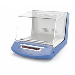 This IKA incubating shaker provides orbital shaking motion with a speed range of 10 to 500 RPM. It includes a collecting tray with a drain hose on the rear for managing spills. Suitable for laboratory applications requiring controlled agitation and incubation.