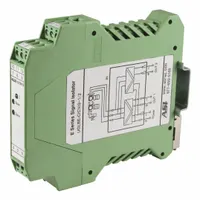 DIN rail-mounted signal conditioner for process input applications. Operates on 24V DC power. Overall dimensions: 3.8 in depth, 4.5 in height, 0.69 in width. Used in industrial automation to condition and distribute signals for control systems