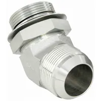 This rigid steel hydraulic hose adapter features a 45° elbow with male O-Ring Boss (ORB) and male JIC connections, both 1 1/4 in. Used to connect ORB ports to JIC fittings in fluid power systems, the elbow design aids hose routing around obstacles and reduces connection stress