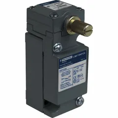 Rotary-motion limit switch with metallic plug-in body style X and rotary lever actuator. Total travel 90°, differential travel 4°, screw terminals. Used to detect position or presence of moving machinery parts in industrial automation, conveyor systems, and packaging equipment.